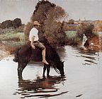 Jeune Canvas Paintings - Jeune paysan faisant boire son cheval
